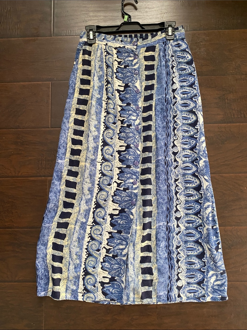 Vintage Blue Patterned Women's Button Front Midi Skirt